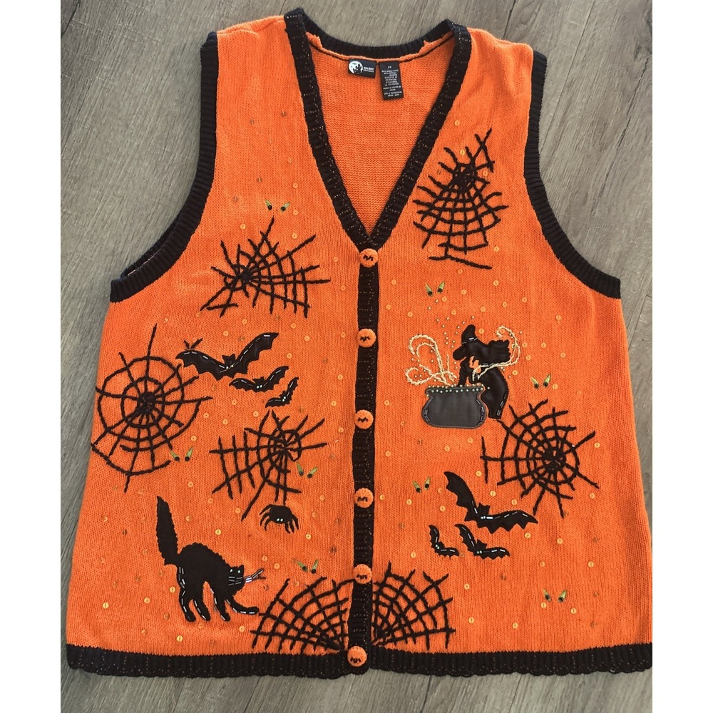 Holiday Editions Vintage Halloween Sweater Vest 2X Orange Spider Witch Bats Cat